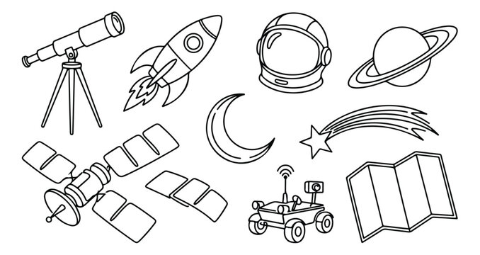Space exploration line art icons, astronomy and galaxy vector set, rocket and astronaut helmet coloring page elements, 10 science icons