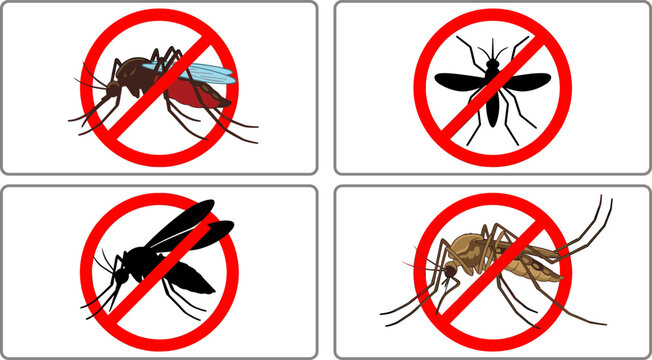 Collection of anti mosquito warning signs with red prohibition circle and detailed insect vector illustrations