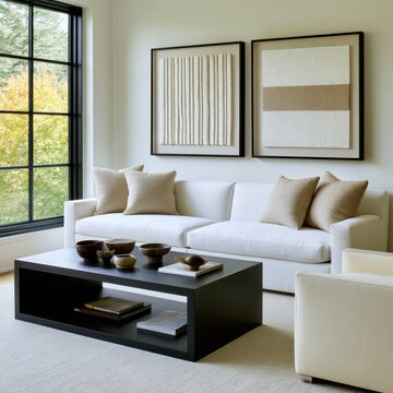 Modern living room with white sofa, beige pillow, large window, black coffee table, abstract wall art, and natural light create calm atmosphere