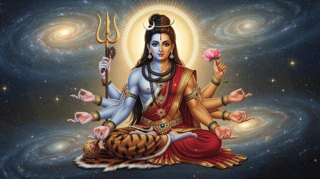 A divine depiction of the Hindu god Shiva with multiple arms, holding symbolic items, surrounded by cosmic galaxies and a radiant halo.
