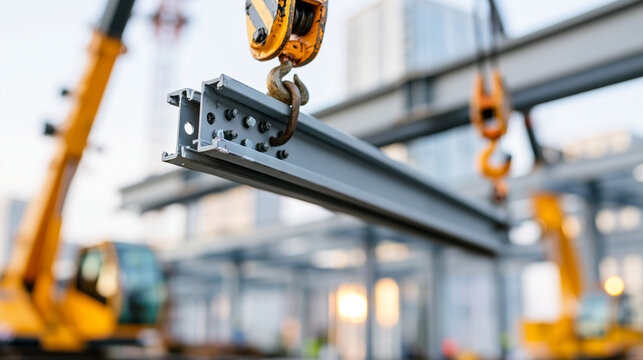 Steel beam suspended by a crane hook, representing construction, engineering, development, infrastructure, building industry, heavy lifting, and urban expansion