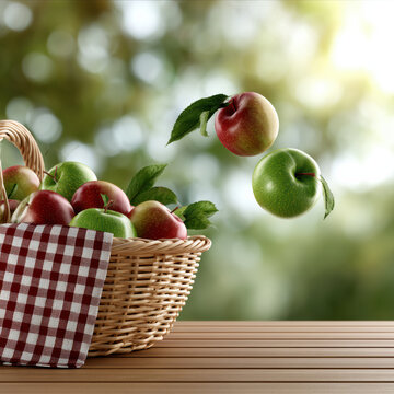 Basket of juicy red and green apple with leaves on wooden table, fresh fruit, outdoor, sunlight, natural, healthy, vibrant