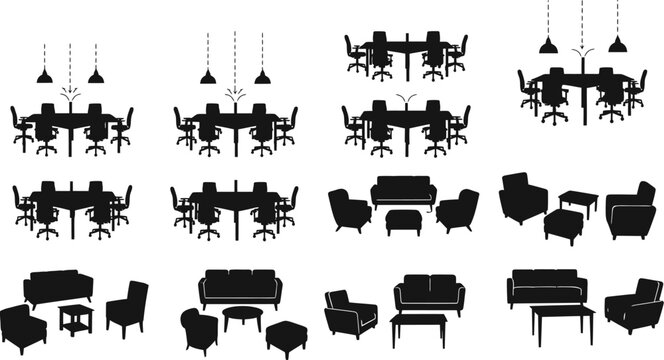 Office and lounge furniture silhouette collection featuring desks chairs sofas and tables for interior design planning vector