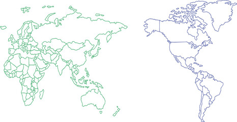 Split World Map Green Eastern Blue Western Hemisphere Outline Country Borders White © Sbibi