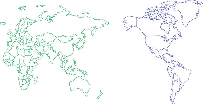 Split World Map Green Eastern Blue Western Hemisphere Outline Country Borders White