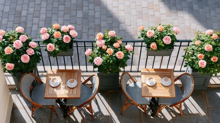 Naklejka premium Aerial view of a parisian cafe terrace with pink roses and coffee cups
