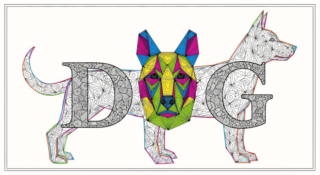 Geometric Dog Illustration with Colorful Abstract Face and Wireframe Body