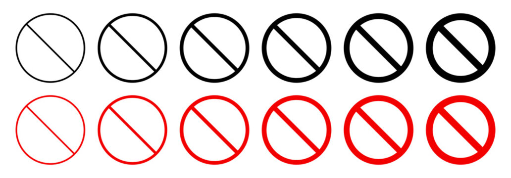 Prohibited sign set red circle slash and cross symbols for restriction warning, Ban icons for safety rules, No entry signage collection for forbidden, control and hazard design.