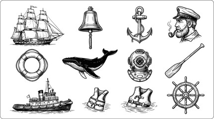 Vintage Nautical Icon Collection with Ship Anchor Whale Lifebuoy and Captain © Jahanara