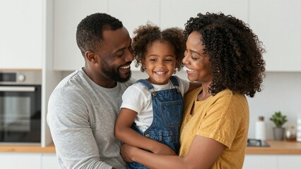 Obraz premium A joyful African American family embraces warmly in a bright, modern kitchen. A father and mother hold their smiling daughter, showcasing love and connection during a happy weekend moment.