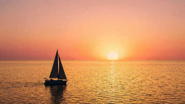 Sailboat silhouette sunset ocean sailing golden hour peaceful romantic adventure travel scene for poster design background wallpaper banner template horizon