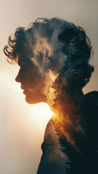 A young man in profile facing a soft glowing light, cinematic photorealistic double exposure, abstract imagined tension