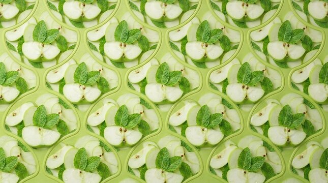 Vibrant green apple slices and mint leaves pattern on textured surface