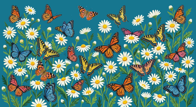 Colorful Butterflies and Daisies Pattern Illustration