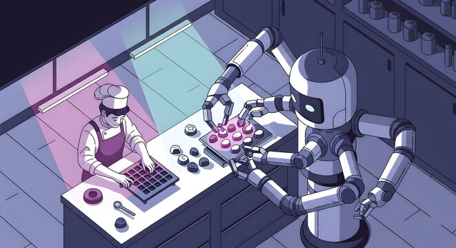 Artificial intelligence robot and human chef preparing food