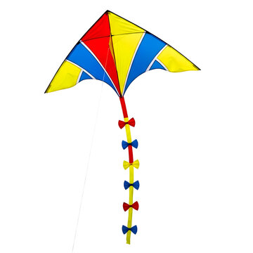 Colorful kite with tail flying high.