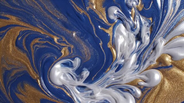 A captivating abstract image showcases swirling patterns of deep blue and shimmering gold, punctuated by a burst of ethereal white smoke, creating a dynamic and visually striking composition.