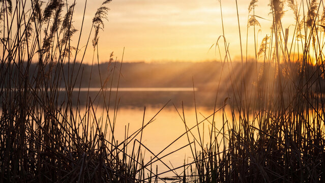 Summer sunset golden hour lake reeds silhouette backlight peaceful tranquil nature scene for poster design background wallpaper banner template
