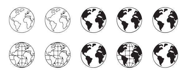 World map globe symbols showing continents and meridians in outline and solid style for global travel. © Habib Stocker