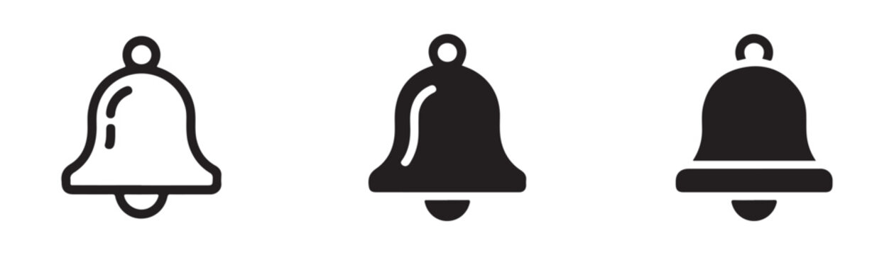 Collection of alarm bell icons featuring various design styles and shapes for digital UI elements set.