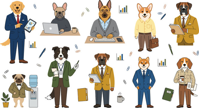 Vector illustration collection of funny anthropomorphic dogs as business office workers wearing suits working on laptops holding folders and presenting data charts for company projects