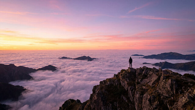 Summer sunset golden hour mountain peak above clouds majestic peaceful inspiring landscape scene for poster design background wallpaper banner template