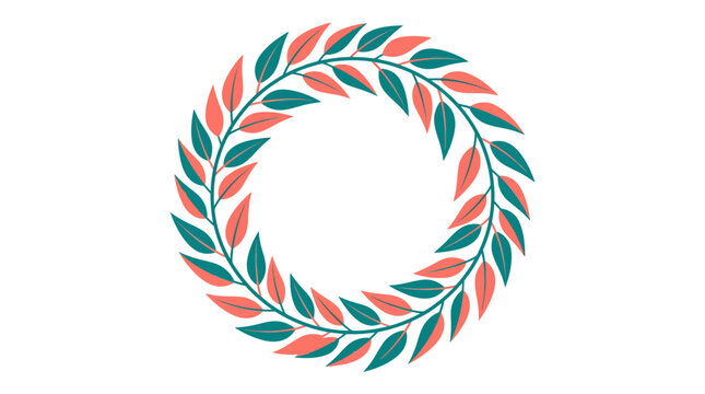 Coral and Teal Leaf Wreath Circle Frame - Decorative Border Element