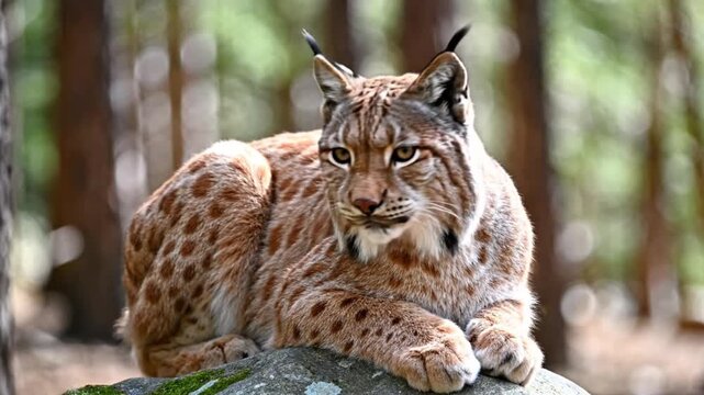 A majestic Eurasian lynx with distinctive ear tufts and spotted fur rests on a moss-covered rock in a sun-dappled forest.