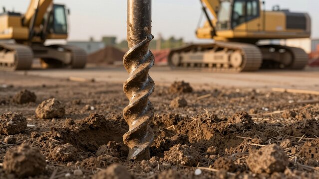 Close-up of a spiral auger drilling into muddy ground, with excavators in the background on a construction site.