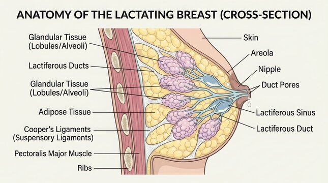Anatomy of the human lactating breast cross section diagram illustration