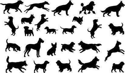 Large collection of black dog breed silhouettes in different action poses vector illustration © Jahanara