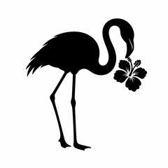 Obraz premium Black silhouette of a flamingo standing on two legs holding a tropical hibiscus flower in its beak, minimalist vector art isolated on a plain white background for graphic design.