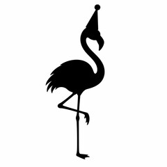 Obraz premium Black silhouette of a flamingo bird standing on one leg wearing a festive party hat with a pom-pom, isolated on a white background, tropical celebration animal vector illustration.