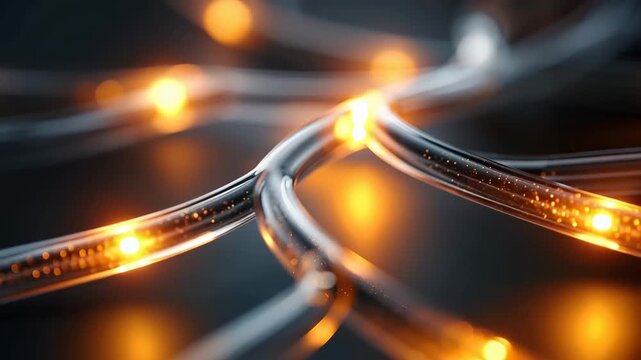 Glowing data packets flowing through glass network tubes