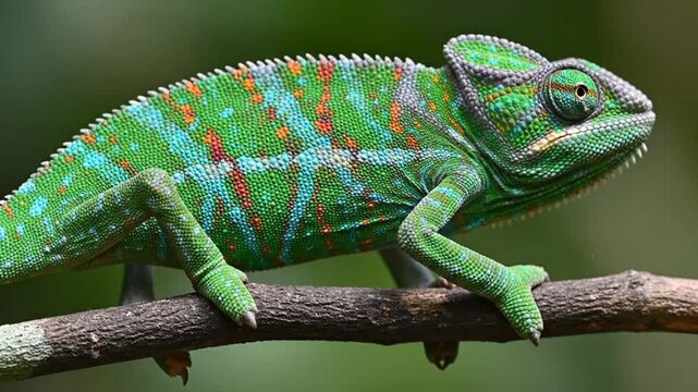 A vibrant green chameleon with striking orange and blue stripes perched on a tree branch, showcasing its unique camouflage and textured skin.