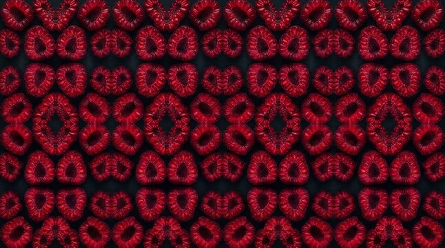 Vibrant red heart shaped lip prints arranged in a seamless pattern on a black background