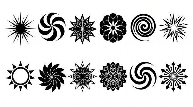 Radial motif icons, stylized suns, spirals, floral symmetry, abstract geometry, decorative design, versatile branding, timeless circular patterns.