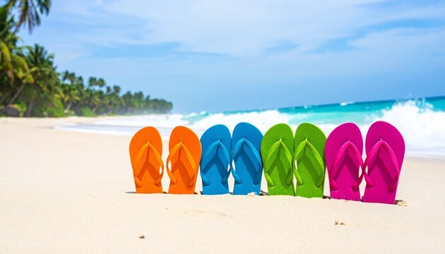 colorful flip flop stack in mud on beach