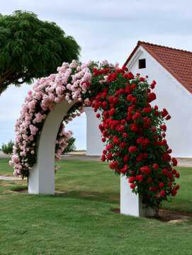 Pink rose red rose garden arch white building green grass outdoor summer floral landscaping peaceful serene garden arch covered with pink and red
