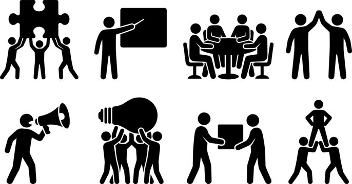 Business teamwork collaboration and corporate presentation stick figure black silhouette vector icon set