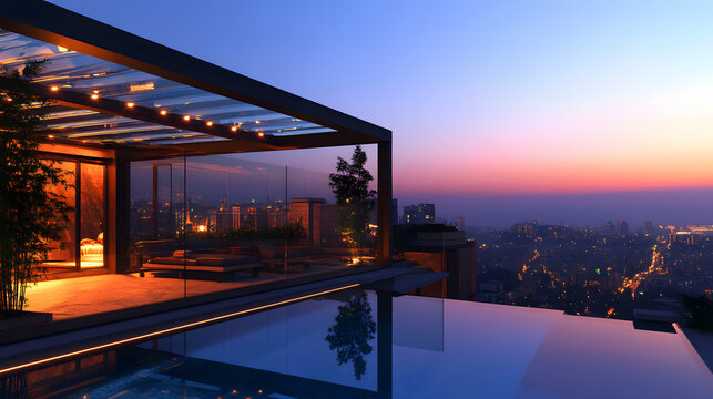 Modern luxury penthouse terrace at sunset with infinity pool overlooking city skyline