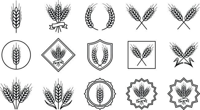 Wheat Agriculture Logo and Badge Collection with Grain Ears, Harvest Emblems, Farm Labels, Bakery Branding, and Cereal Crop Symbols