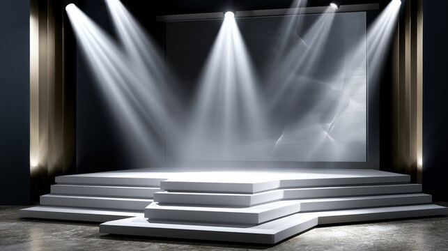 Modern stage spotlight empty white platform dramatic lighting event presentation conference leadership contemporary design