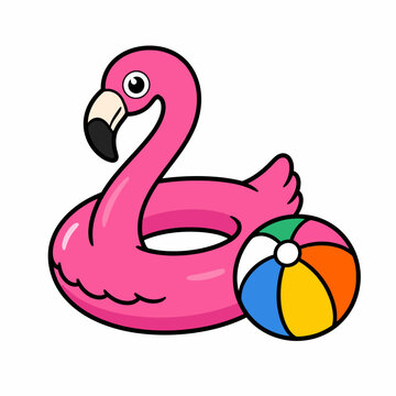 Vector illustration of pink flamingo pool inflatable float and multicolored beach ball isolated on white background, ideal for summer vacation and leisure design.