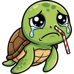 Obraz premium Sad turtle crying with a straw in its mouth expressing emotions