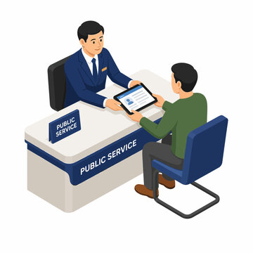 Isometric vector illustration of a public service officer in a suit showing a tablet screen with identification data to a male citizen at a professional desk counter area.