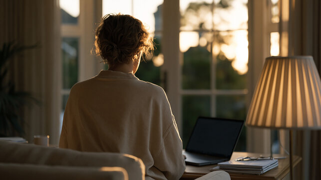 Home office worker slowly closes laptop lid and sits back in silence surrounded by unread notifications, remote work loneliness and digital fatigue concept, late afternoon light