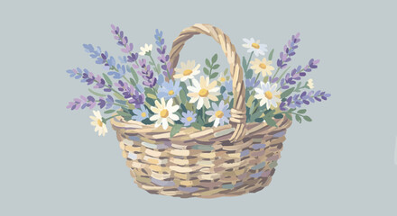 Obraz premium Woven basket filled with lavender and daisy flowers, floral arrangement