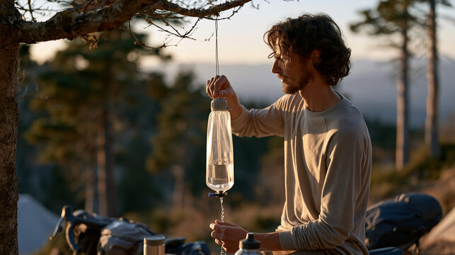Bikepacker filtering stream water through gravity filter hung from tree branch at primitive gravel road campsite, self-supported hydration routine, ultralight water treatment,