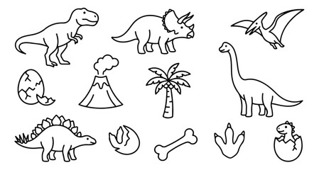 Cute dinosaur line art vector set, prehistoric animal and fossil collection, simple black and white dino illustrations for kids' designs, educational materials, and playful branding. © Jemie